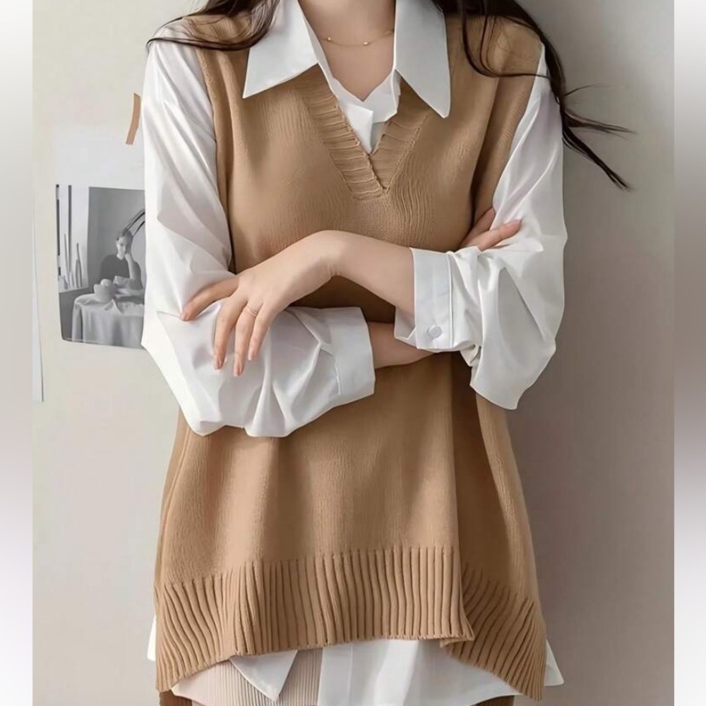 SHEIN Tan V-Neck Sweater Vest